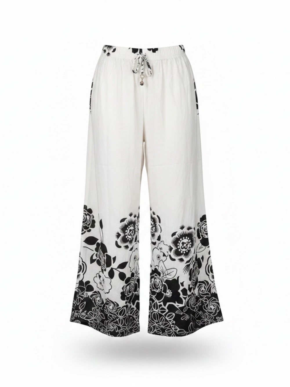 Women’s White Wide-Leg Floral Print Pants with side pockets